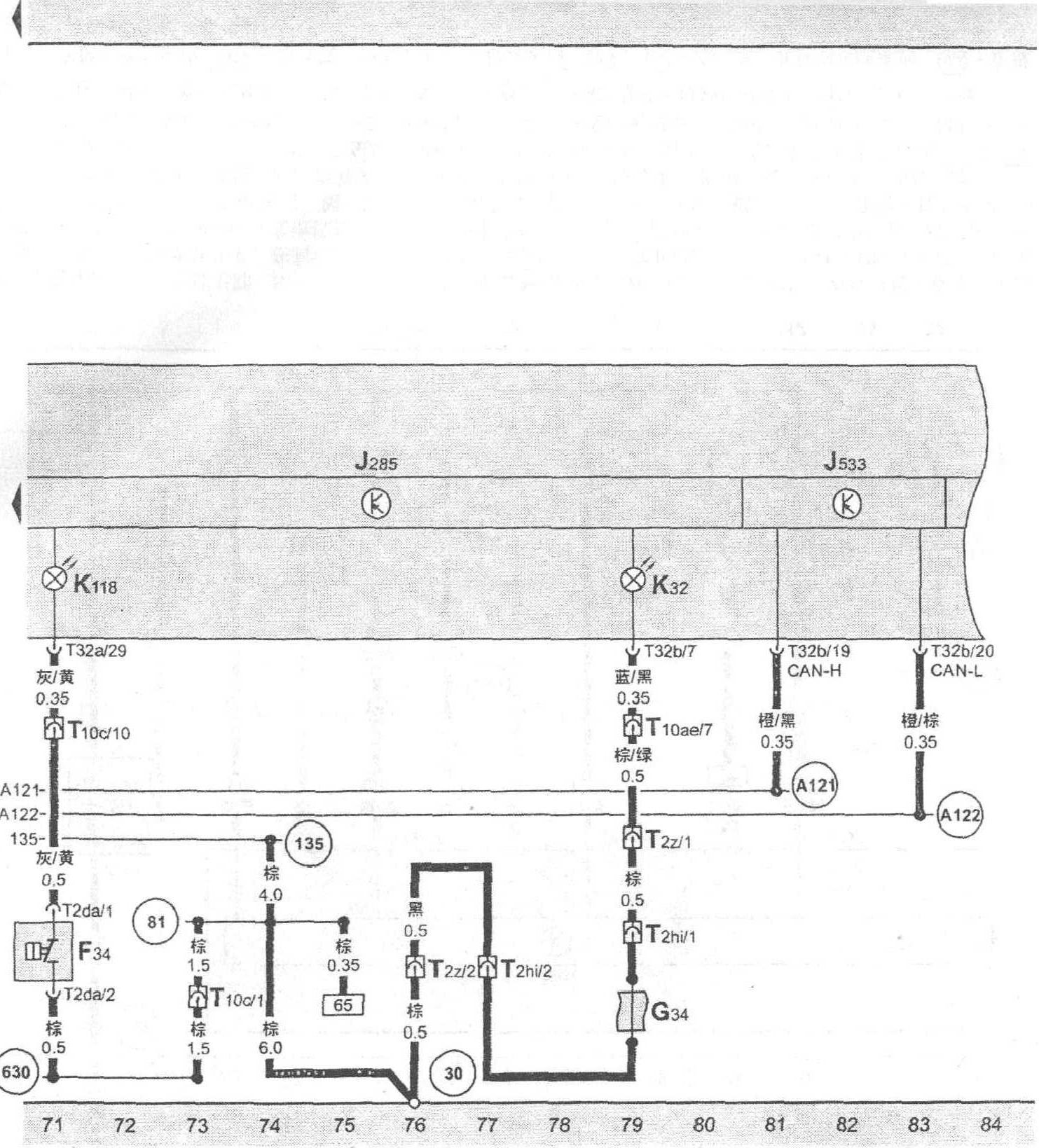 图1-2-27 组合仪表中带显示单元的控制单元、数据总线诊断接口、制动液液位报警开关、左前制动摩擦片磨损传感器、制动摩擦片指示灯、制动系统指示灯